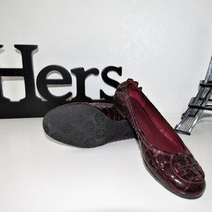 Tory Burch Burgundy Flat Shoes | Croc Embossed Low Heels
